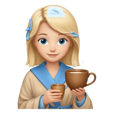 cozy blonde girl with middle length hair and blue eyes holds a brown cup in abeige  robe sticker