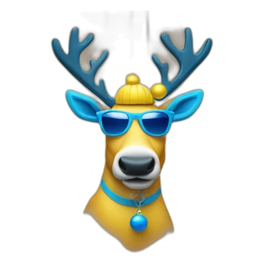 yellow reindeer with blue wood and xmas balls on it wearing sunglasses sticker
