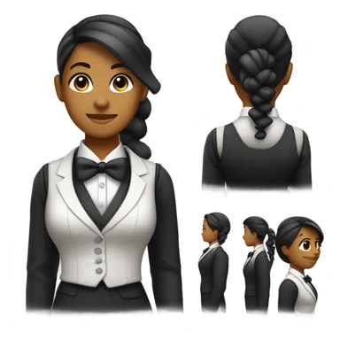 a female butler with a professional and elegant demeanor. She has her hair neatly tied in a ponytail and wears a classic butler uniform, including a tailored vest, crisp white shirt, and bow tie. sticker