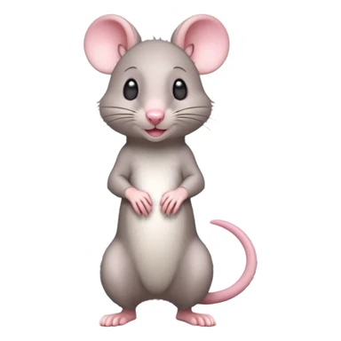 A 3D cartoon rat standing on its hind legs, gray fur, long pink tail, small round ears, curious smile, soft natural lighting, realistic yet cute Memoji-style. sticker