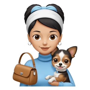 tan skin woman, with very short black hair in a slicked back ponytail with forehead showing, with white headband, wearing solid pastel blue turtleneck shirt, smiling carrying dark brown-white furry fuzzy chihuahua papillon dog inside dog purse sticker