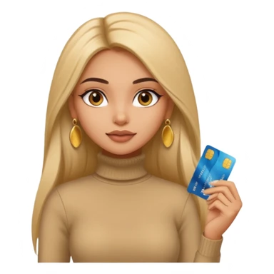 a pretty bratz fair indian girl wearing a beige turtleneck, golden earrings, straight ling hair, holding bank cards sticker