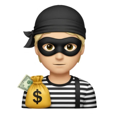 a short ios emoji-style portrait of a classic burglar, a black eye mask (looks like a blindfold) and a black-and-white striped shirt. emoji-like hair, black hat, ONE bag of money 💰 with a dollar sign in a right corner sticker