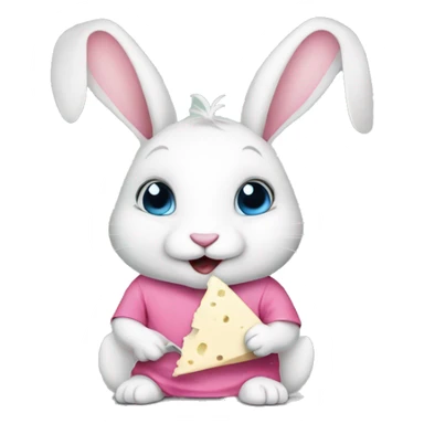 Cute rabbit: a white rabbit wearing a pink shirt . Eating a gorgonzola cheese sticker