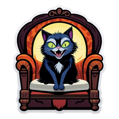A gothic-style cat, inspired by The Addams Family aesthetic, laughing uncontrollably to the point of exhaustion or having collapsed from laughter. The cat has dark fur, wide mischievous eyes, and a dramatic, eerie expression. The background is dimly lit, with Victorian-style furniture, heavy curtains, and flickering candlelight. The atmosphere is both spooky and humorous, capturing the dark humor of The Addams Family. The cat’s body language is exaggerated, as if it is overwhelmed by laughter, possibly lying on its back with paws in the air or leaning against something for support sticker