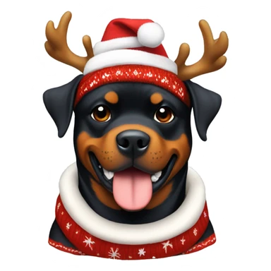 Rottweiler dog sitting in a Christmas sweater, with a headband with deer antlers on his head sticker