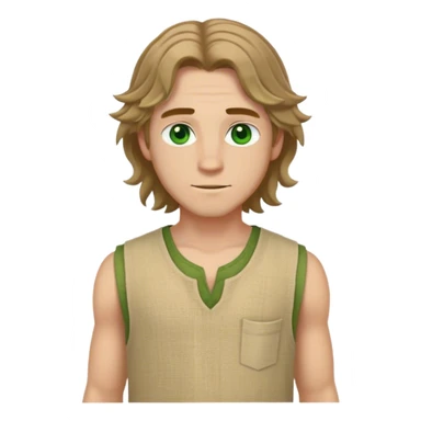 medieval summer outfit worn by a DnD themed fantasy male character. simple sleeveless hemp tunic with a deep round neckline and stitched reinforcements. clothes only above the waist. The clothes full waist. The character's haven't arms. character is white-skinned, light brown hair, green eyes, shoulder-length wavy hair. sticker