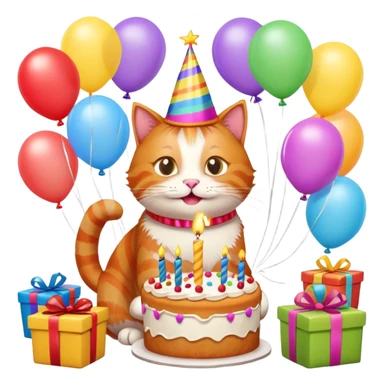 Ginger cat celebrates birthday, birthday hat, birthday cake, balloons, happy, gifts sticker