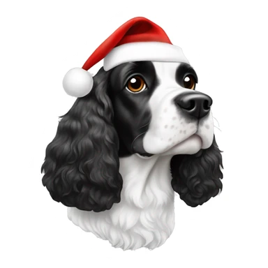 black and white trimed english cocker spaniel with spots on nose and black ears and santa hat sticker