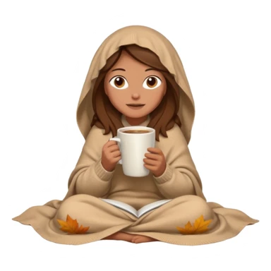 brown hair woman sitting under beige blanket, with a blanket over his head, holding cup of coffee, autumn mood sticker