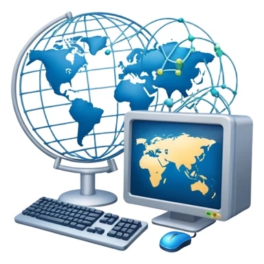 An icon featuring a computer monitor displaying code, a globe with network nodes, and a circuit board, symbolizing IT. The design includes data streams, cloud storage, and a keyboard, representing digital innovation, connectivity, and problem-solving. Transparent background sticker