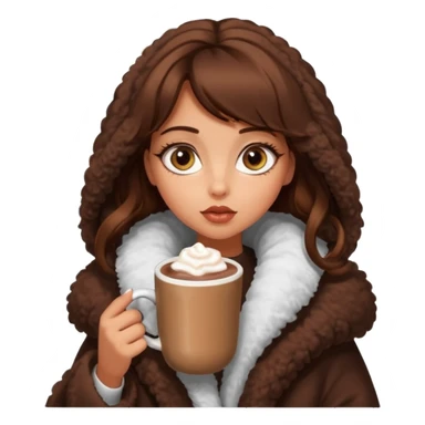 Tanned Girl with lashes , brown hair, in an extremely big fluffy oversized coat and hold hot chocolate drink and big eyes, big lip sticker