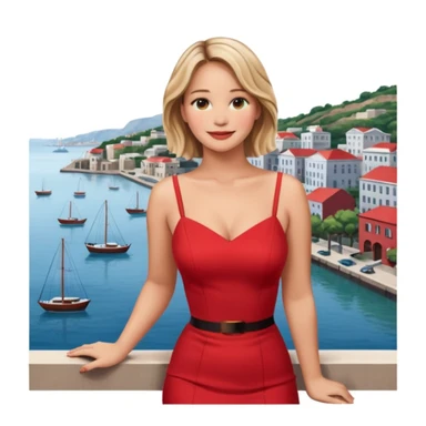 jennifer lawrence, red dress leaning on a balcony with a harbor and cityscape in the background, smiling sticker