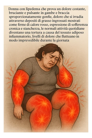 "Woman with lipedema experiencing constant burning and aching pain in disproportionately swollen legs and arms, pain radiating through enlarged fat deposits shown as red heat signatures, expression of chronic suffering and exhaustion, normal daily activities becoming torture due to inflammatory adipose tissue, pain levels fluctuating unpredictably throughout the day" scritte in italiano sticker