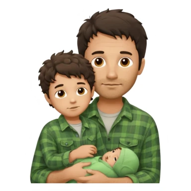 A father with messy medium-length dark hair and light stubble, wearing a green flannel shirt. He holds his child who has short curly brown hair and a cream-colored romper. Cozy warm lighting, authentic family moment. sticker