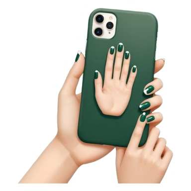 female hand with nude manicure holding a white iPhone in a dark green case, top view, minimalism sticker