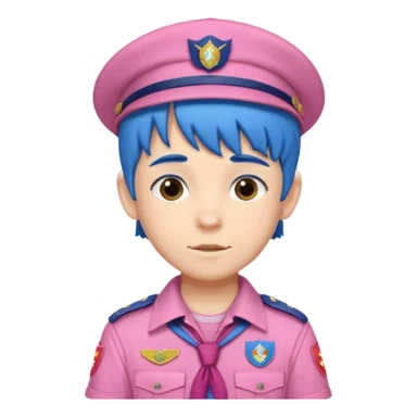 scout boy with very pink scout uniform, blue haired and hat sticker