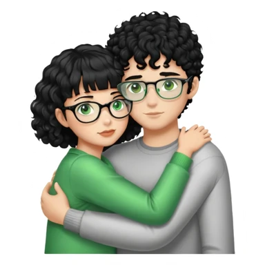 A boy with black curly hair and short hair on the side with green eye and metallic glasses which is hugging a girl with black hair with bang and black eyes  sticker