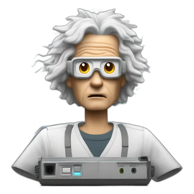 Doc brown from back to the future looking surprised wearing brain wave analyzer helmet sticker