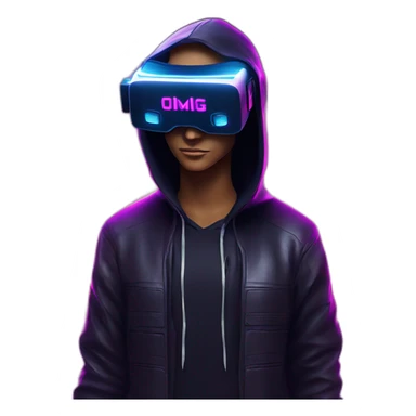 Donald Trump wearing a black hoodie with "OMG" letters on it and VR headset in a cyberpunk VR environment with violet neon lighting. sticker