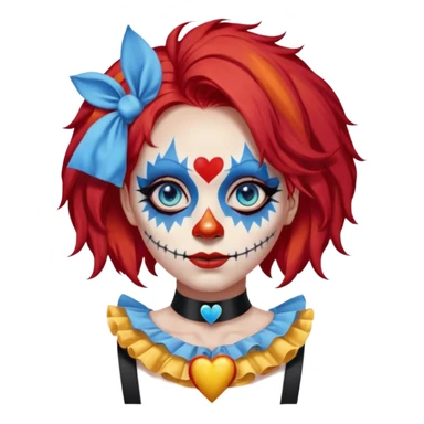 wendy thomas  the clown from gta rp nopixel she has a blue sun covering right eye with three yellow lines below her right eye and above her left eye this is her clown makeup . she has long bright red hair and light blue eyes with ablack heart choker and black bunny ears. with a skeleton shirt sticker