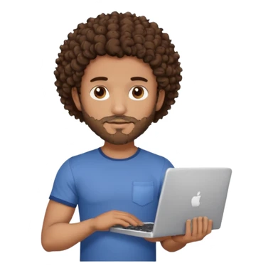 men holding his computer in hands. light brown skin men with curly dark brown hair, brown eyes, little grown beard. ust a tiny bit muscular. dressed casual. round face. sticker