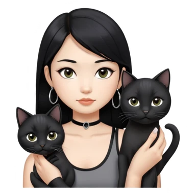 Asian girl with black hair, grey highlight, slightly longer than shoulder.  Holding two BLACK cats. The girl also wearing a black singlet, a black chocked, silver round hook earring, and wearing eyeliner.  sticker