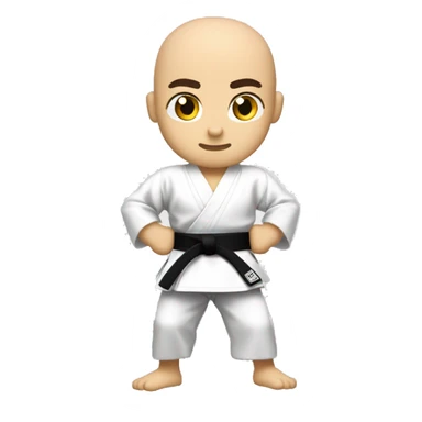 Bald Karate Fighter Emoji with Black Belt:

Head: Bald with clean contours.
Expression: Focused, serious.
Attire: Traditional karate gi, black belt.
Posture: Combat stance.
Background: Transparent or soft solid color. sticker