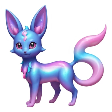Shiny Iridescent Nebulae Espeon-Umbreon-Sylveon-Fakémon-hybrid-creature (full body)  with a galaxy-dust-flowing-gradient-tail sticker