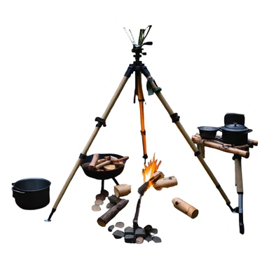 bushcraft wilderness campfire with tripod cooking setup and log seats sticker