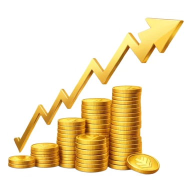 upward arrow next to gradually increasing stacks of gold coins, showing progression sticker
