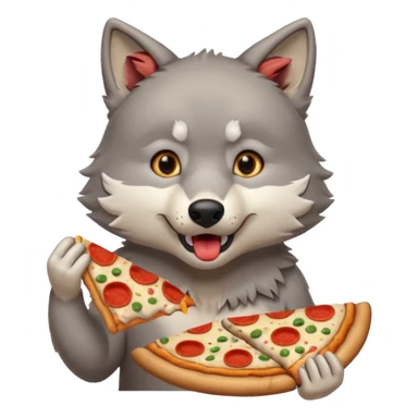a surprised grey wolf eating a piece of pizza in a sitting pose emoji sticker