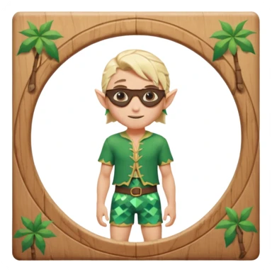 elf male legolas portrait, patterned board shorts (geometric/abstract), unique wooden-framed sunglasses, undercut hairstyle, slight smirk, visible pointy ears, no background, centered emoji, hipster summer vibe sticker