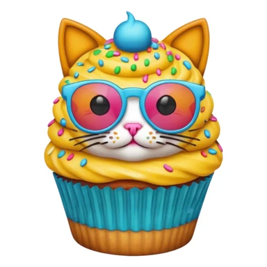 funny colorful cupcake with cat head wearing sunglasses, emoji style sticker