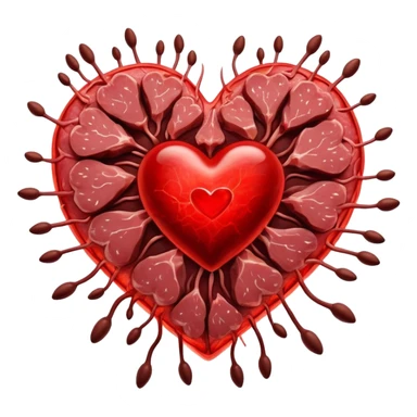 Glowing pieces of red meat and liver floating around a bright red heart and shining blood cells. Red energy streams connect the meats to the blood and heart, showing how heme iron creates vitality and supports circulation throughout the body. sticker