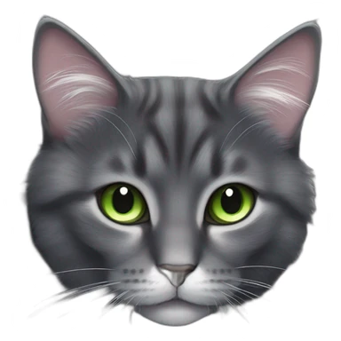 fluffy dark grey cat with pinknose, green eyes and white long whiskers, near the nose there are white spots sticker