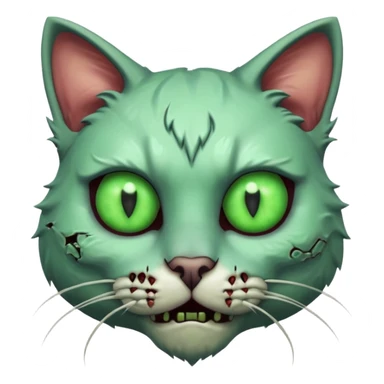 zombie cat portrait, head and shoulders only, pale fur, cracked skin patches, eerie glowing eyes, mischievous undead vibe, 3D cartoon, mobile game icon style, clean background, no text, no watermark
 sticker