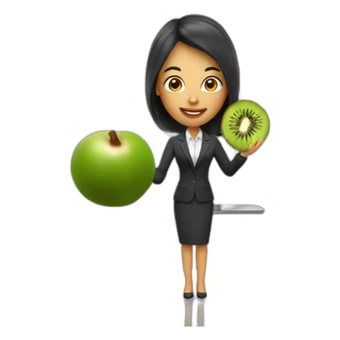a woman in a suite, holding a kiwi, while giving a presentation sticker