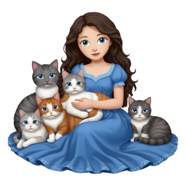 detailed realistic looking a dark grey and white cat regally laying with six other cats, cuddling with their owner in bed who is a pretty bratz lightly tanned white girl with long dark brown hair, blue eyes and gorgeous long wavy hair wearing a pretty detailed dress sticker