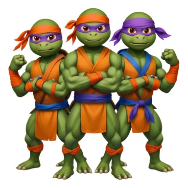 Give me a picture of 4 teenage mutant ninja turtles. Make them hold a fighting pose. Their bandana colors should be red, another orange, another purple, another blue. sticker