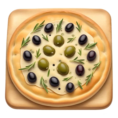 cinematic-realistic-focaccia-bread-dish-emoji,-depicted-as-a-golden,-olive-oil-brushed-flatbread-sprinkled-with-herbs-rendered-with-lifelike-texture-and-soft,-appetizing-lighting showing olives on top  sticker