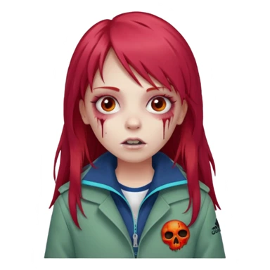 Crie um emoji de uma menina com bochecha gordinha com o cabelo vermelho longo com uma franja reta zumbi casaco de gola alta da adidas sticker