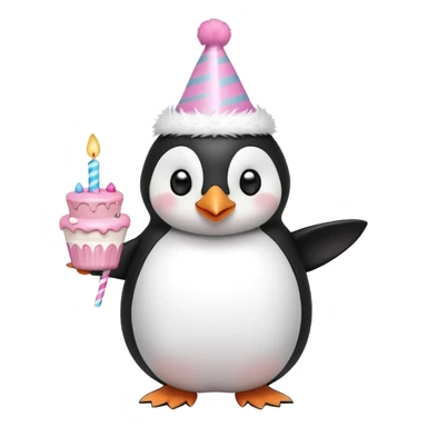 cute penguin with birthday hat hold a birthday pink cake in arms sticker