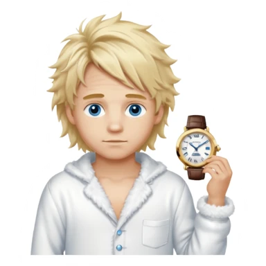 Create a look for a blond boy with long, tousled hair, light eyes, a white sweater, a wealthy appearance, blue eyes, and accessories like a Rolex or Cartier watch, and a cute face with messy hair down. blue eyes + + pajama white fluffy sticker