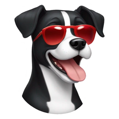 Black very short hair female large dog with sunglasses and red lips  smiling with the tongue outside the mouth . The dog has a tiny  white line on the chest sticker
