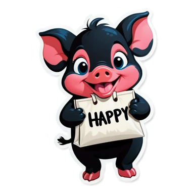 a black piglet holding 4 bags with "happy” written on it sticker