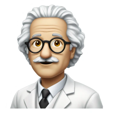 a scientist similar Albert Einstein, bald over head, with black hair on the sides of his head, a large black mustache and circle like sunglasses. Wearing a white suit. sticker