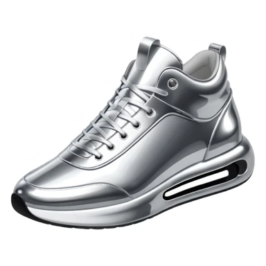 A pair of futuristic sneakers emoji made of silver chrome, sleek streetwear design, smooth metallic panels, subtle reflections, luxury swag aesthetic, iOS emoji style, centered, clean white background sticker
