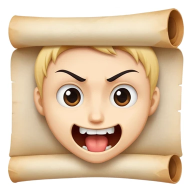 determined cartoon face biting on a small parchment scroll, anime-inspired style sticker