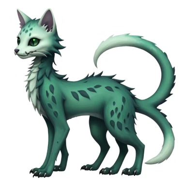 Kawaii divine dark pastel whitish blackish swampy white-skeletal gloomy ghostly dark greyish dark-deep-greenish foggy eldritch elegant cute beautiful realistic edgy fantasy ghoul-like stitched feline-vernid-sergal-fursona animal creature with a tufted tail full body with intricate markings  sticker